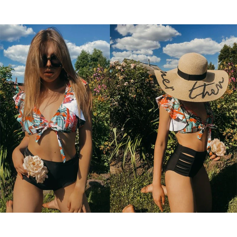 

High Waist Bikini 2021 Ruffle Swimwear Women Print Sexy Swimsuit Push Up Bikinis Plus Size Bathing Suits Floral Beach Wear