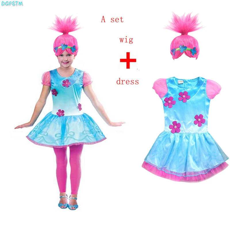 2021 New Troll Wig+dress set Children Costumes For Girls Carnival Kid Dress Trolls Clothes Poppy Party vestido de festa | Тематическая