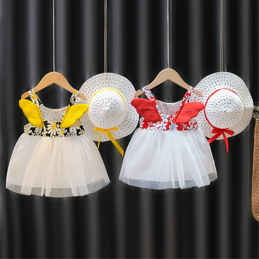 

Baby Girls Dresses Summer New Children's clothing Big Polka Dot Print Dresses Send Hats Cute Baby Girls Strap Dress 0-2 Years