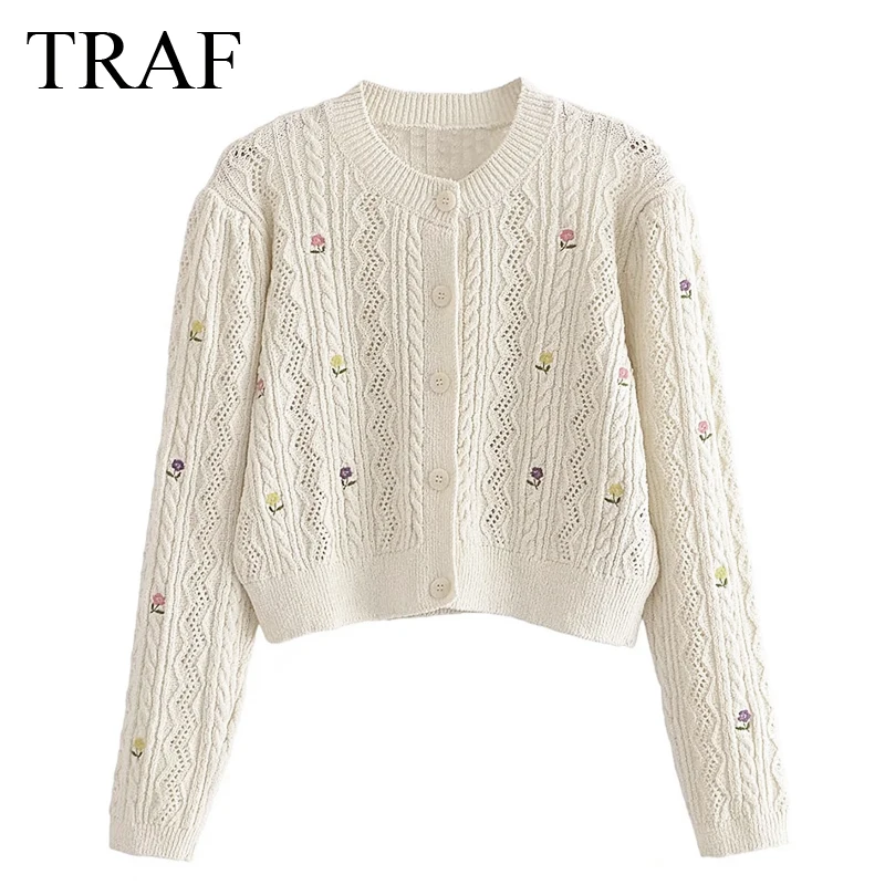 

TRAF ZA Women's Clothing Fashion Flower Print Knitted Sweater Single-breasted Round Neck Jacket Long Sleeve Cardigan Chic Tops