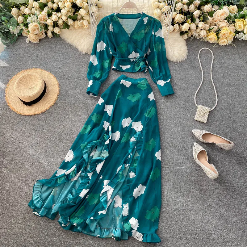 

CINESSD Chic New Spring Women Printing Dress 2-piece Set V-neck Female A-line Elegant Dress Slim Full Sleeve Ladies Vestidos Set