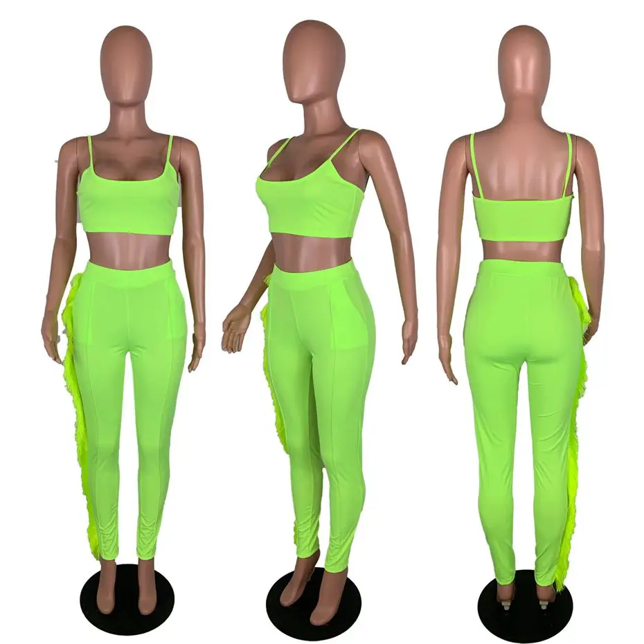 

HAOYUAN Two Piece Set Women Neon Green Sexy Crop Top and Bodycon Pant 2 Piece Suit Club Outfits Festival Clothes Matching Sets