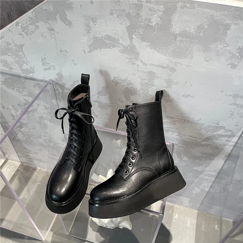 Harga Sepatu Bot Wanita Kulit Asli Ujung Kaki Bulat Hak Tinggi Sedang Tebal 5Cm Platform Datar Sepatu Bot Pergelangan Kaki Ritsleting Sisi Ringkas Simpul Silang GN04 MUYISEXI
