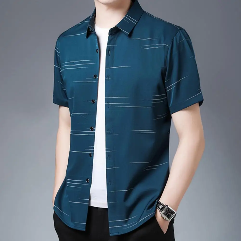 

Fashion Men Social Shirt Horizontal Stripes Printed Thin Summer Shirts Men Lapel Collar Shirts camisas de hombre рубашка мужская