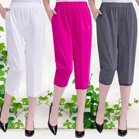 2021 summer pants for women 34 trousers loose casual solid color straight pants high elastic waist capri pant plus size 4xl 5xl