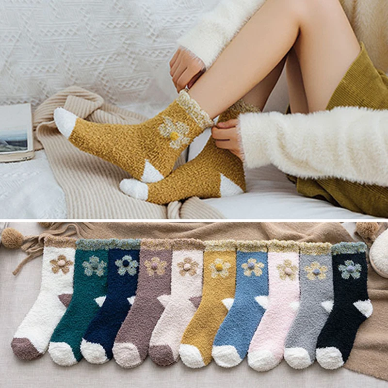 

Flowers Popular Thicken Tube Socks Comfortable Anklet Women Winter Warn Soft Breathable Floor Socks Candy Color Coral Socks