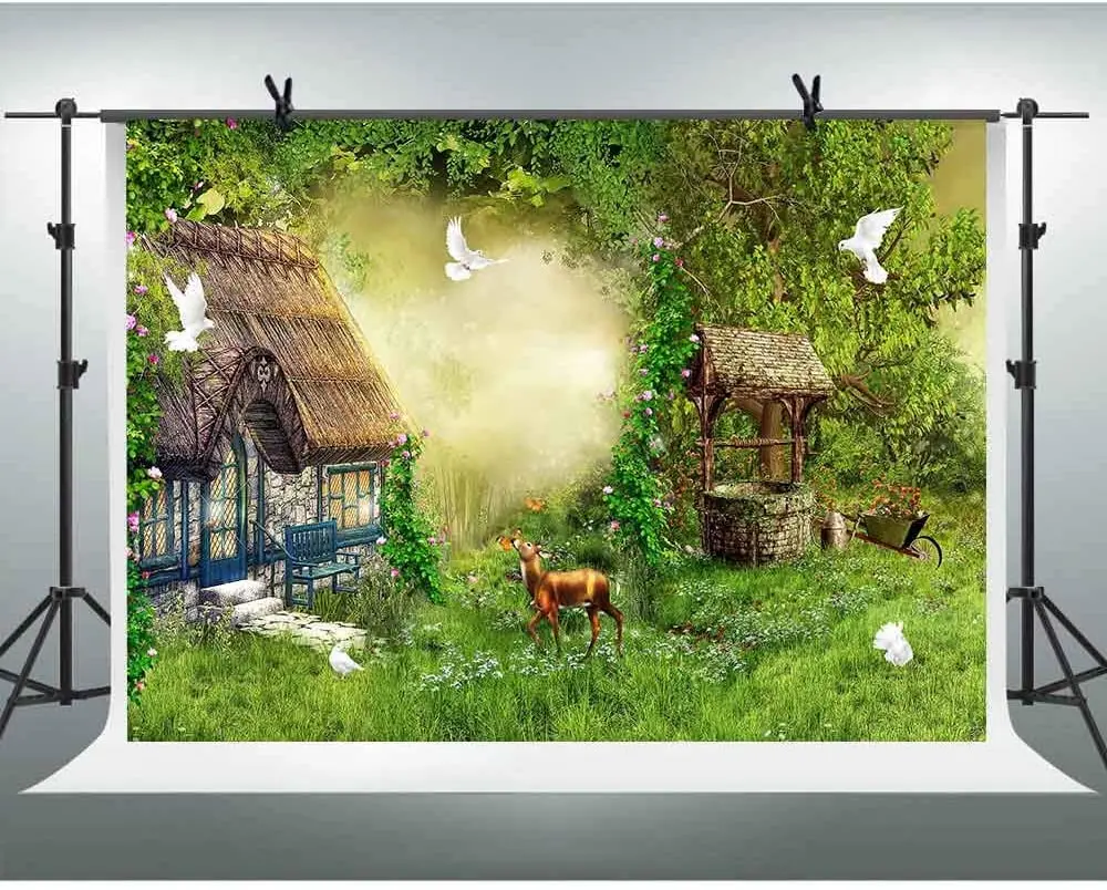 

Сказочный фон фантазия Зачарованный лес Туман Зеленая трава коттедж фотография фон мультфильм тематика видео студия реквизит