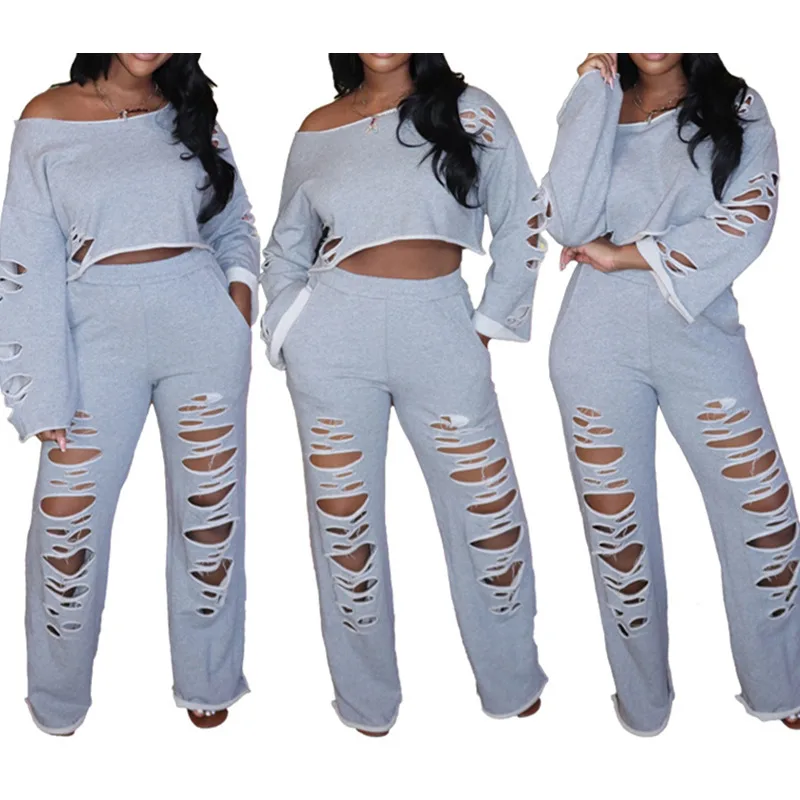 

2021 Outfits Jumpsuits Women Long Sleeve Ripped Crop Top Sweatshirt Wide Leg Pants Set Tracksuits hollow strapless loose
