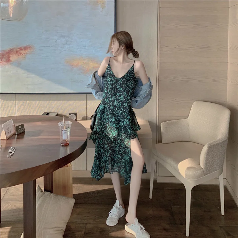 Дизайн Разделение Нерегулярные Спагетти ремень длинное платье новые летние