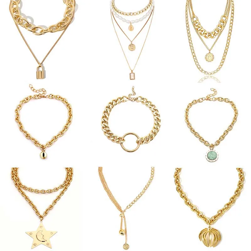 

Punk Choker Necklace Multilayer Lock Pendant Golden Chain Necklaces Fashion Jewelry for Women Boho Accessories Friends Gift