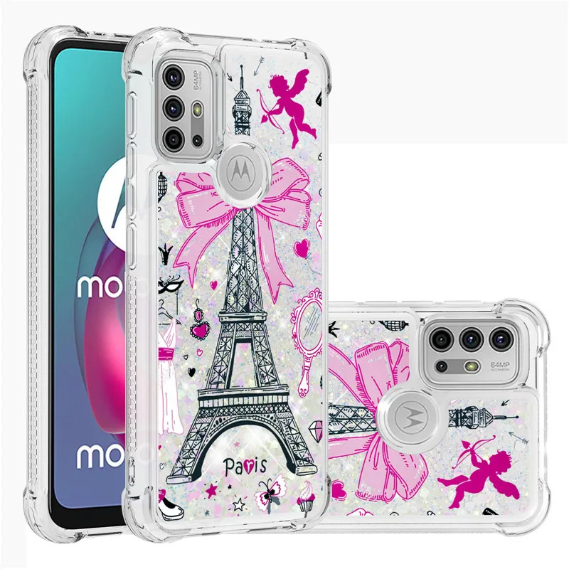 

Glitter Phone Case For MOTO Edge s G30 10 9 E7 6 G Stylus Play power 2021 Eiffel Tower Dynamic Liquid Love Heart Quicksand Cover