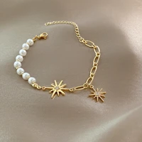 elegant imitation pearl beaded asymmetry bracelets for women ladies gold color shinning rhinestone star charm bracelets