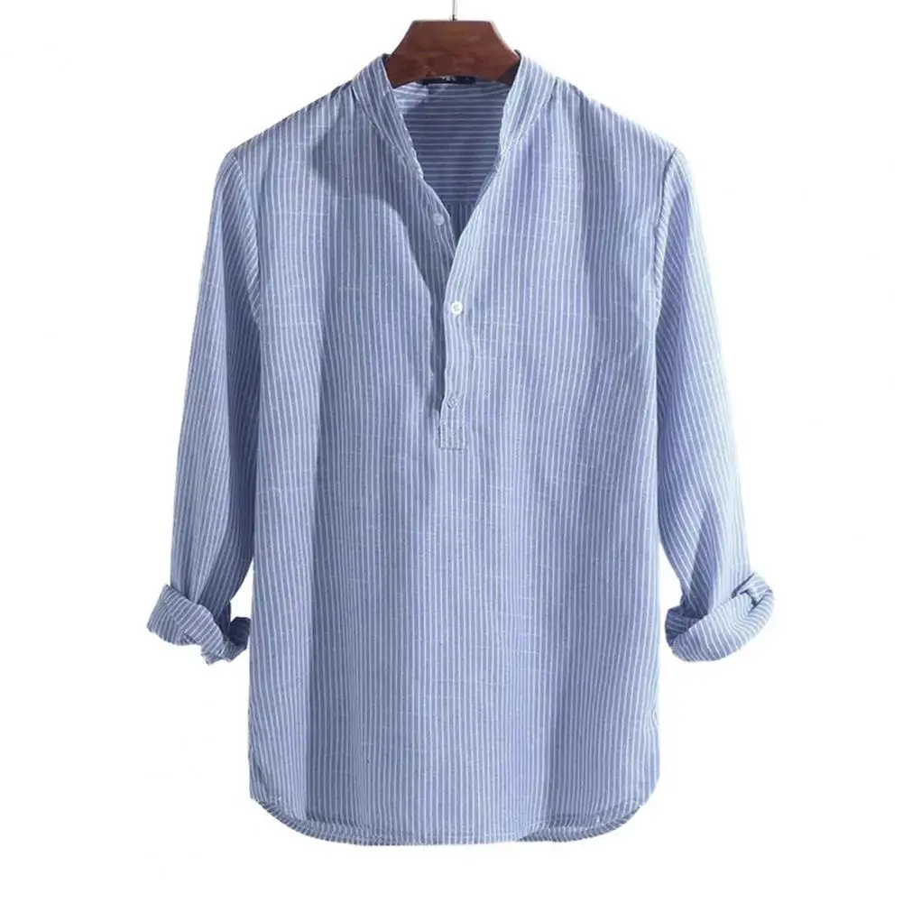

2021 New Long Sleeve Mens Shirts Spring Autumn Striped Fit Stand Collar Shirt Male Clothes Plus Size 5XL dropship