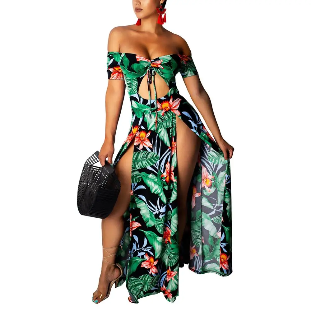 

Women Bohemian Summer Long Dress Casual Off Shoulder Print Maix Dress Lady Sexy Beach Dress V-Neck Elegant Party Dress Vestidos