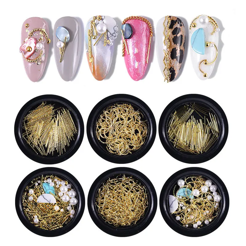 

1 Box Gold Silver Hollow 3D Nail Art Decorations Mix Metal Frame Nail Rivets Shiny Charm Strass Manicure Accessories Studs