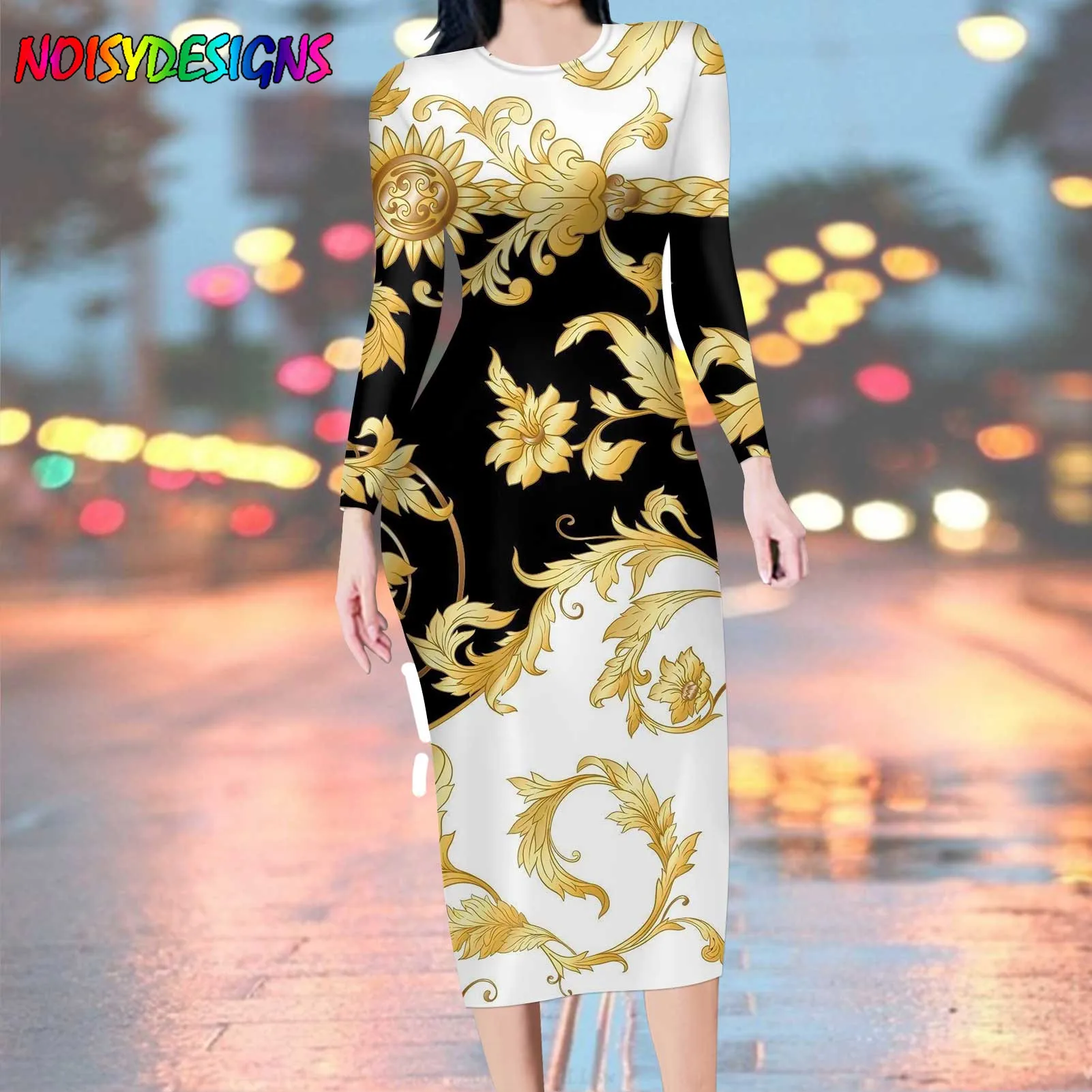 

NOISYDESIGNS Spring Autumn Women Europe Golden Retro Flower Printed Dresses Fashion Long Sleeve Vintage Dress Female Hot Sale
