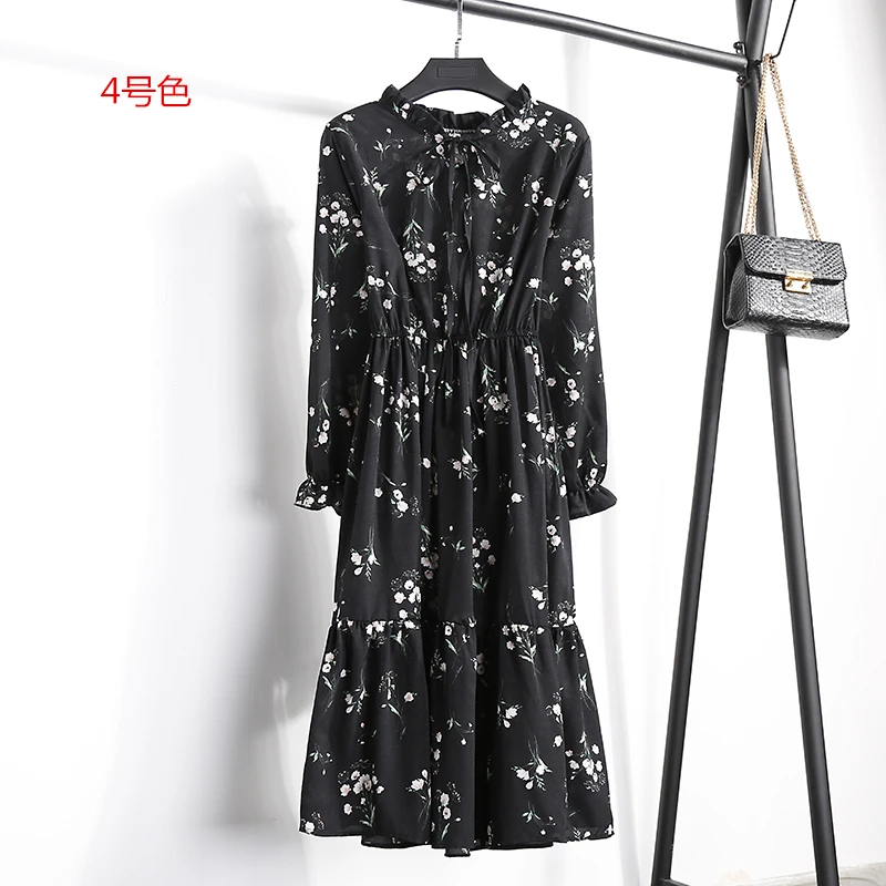 2019 осеннее женское винтажное платье с принтом длинным рукавом со стойкой