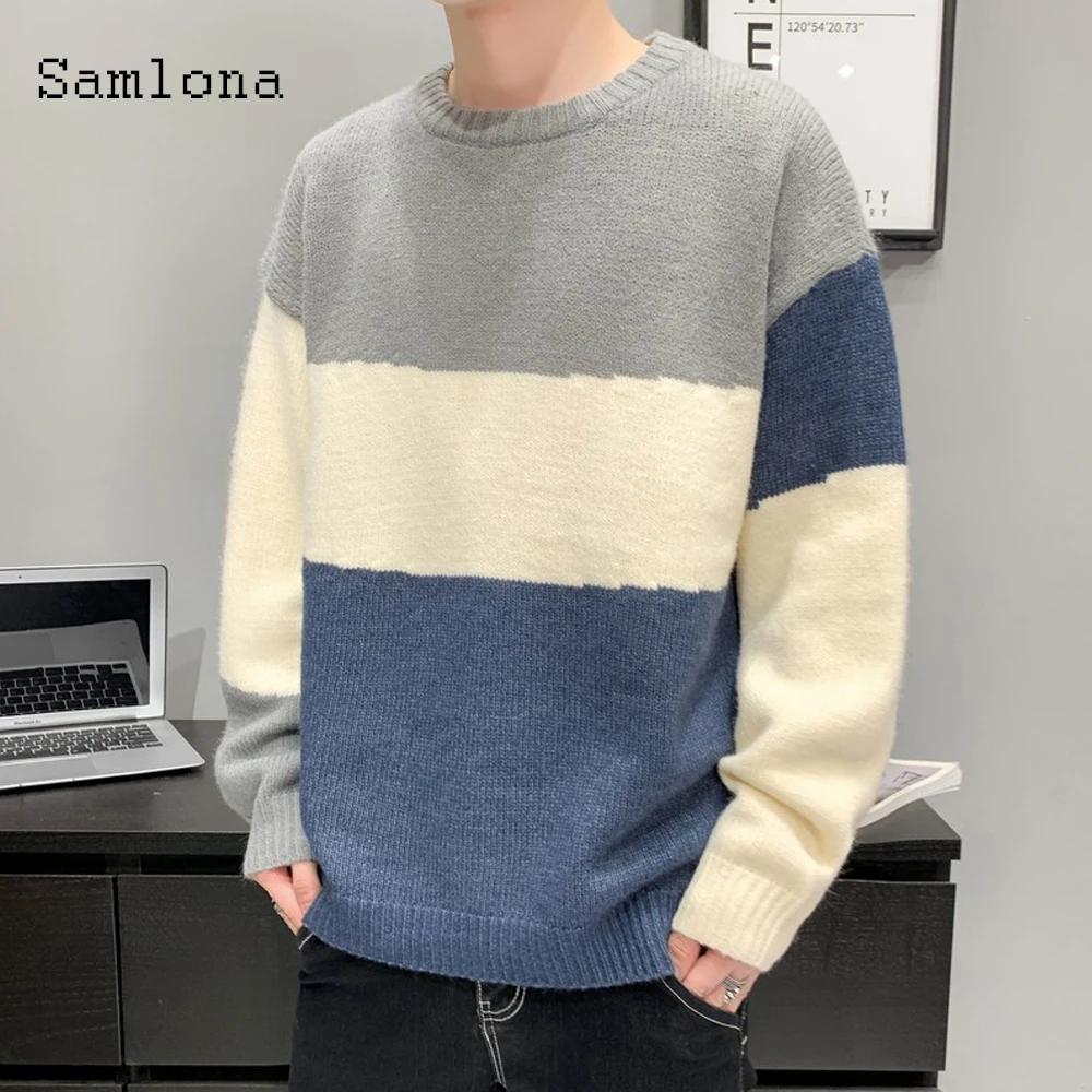Samlona New Patchwork Sweater Round Neck Loose Knitwear Men Casual Pullovers 2021 Autumn Winter Knitted Sweater Kpop Man Clothes