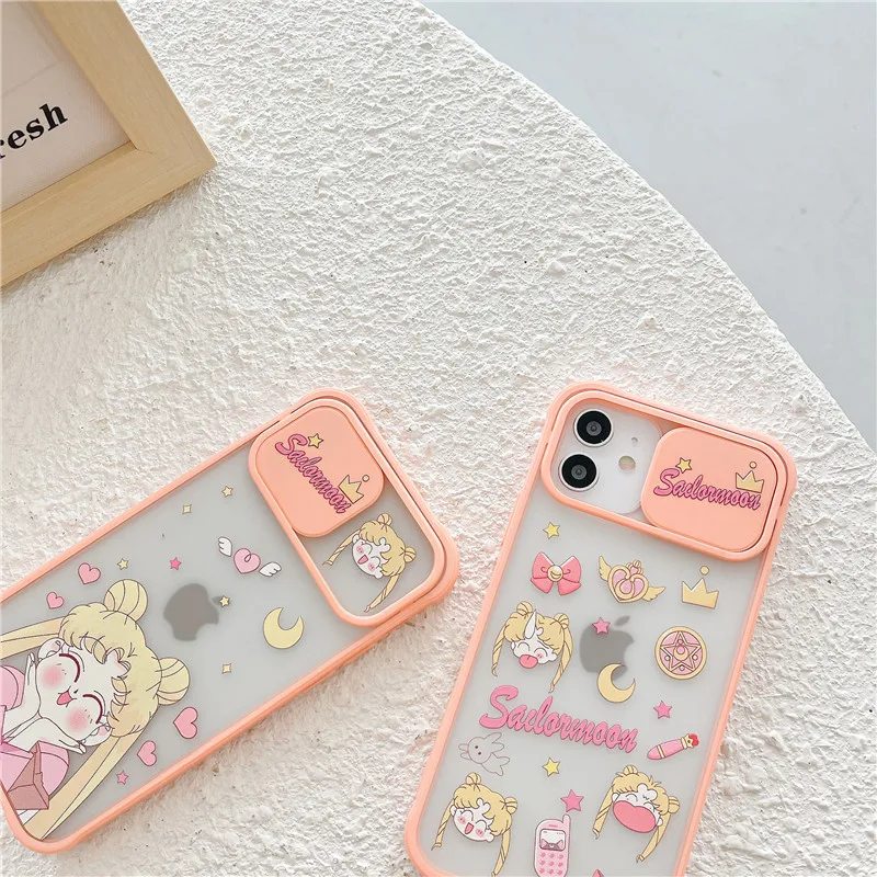 

Cute Cartoon Sailor Moon Phone Case for iPhone 12 11 Pro max Mini XS Max XR X 7 8 Plus SE Slide Camera Protection Silicone Cover