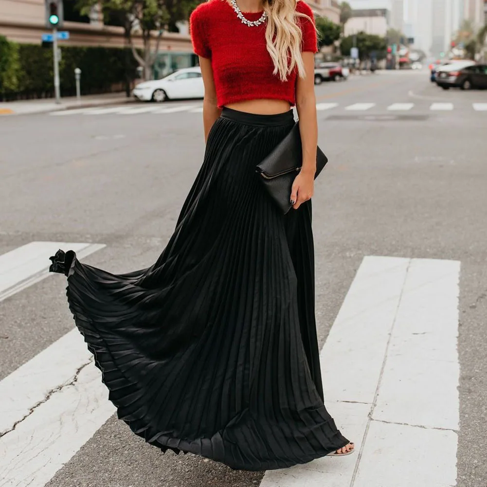 

2020 Fashion Women Skirts Bohemia Style Ladies Solid Color Pleated Skirts Women High Waist Slim Up Loose Long Skirts