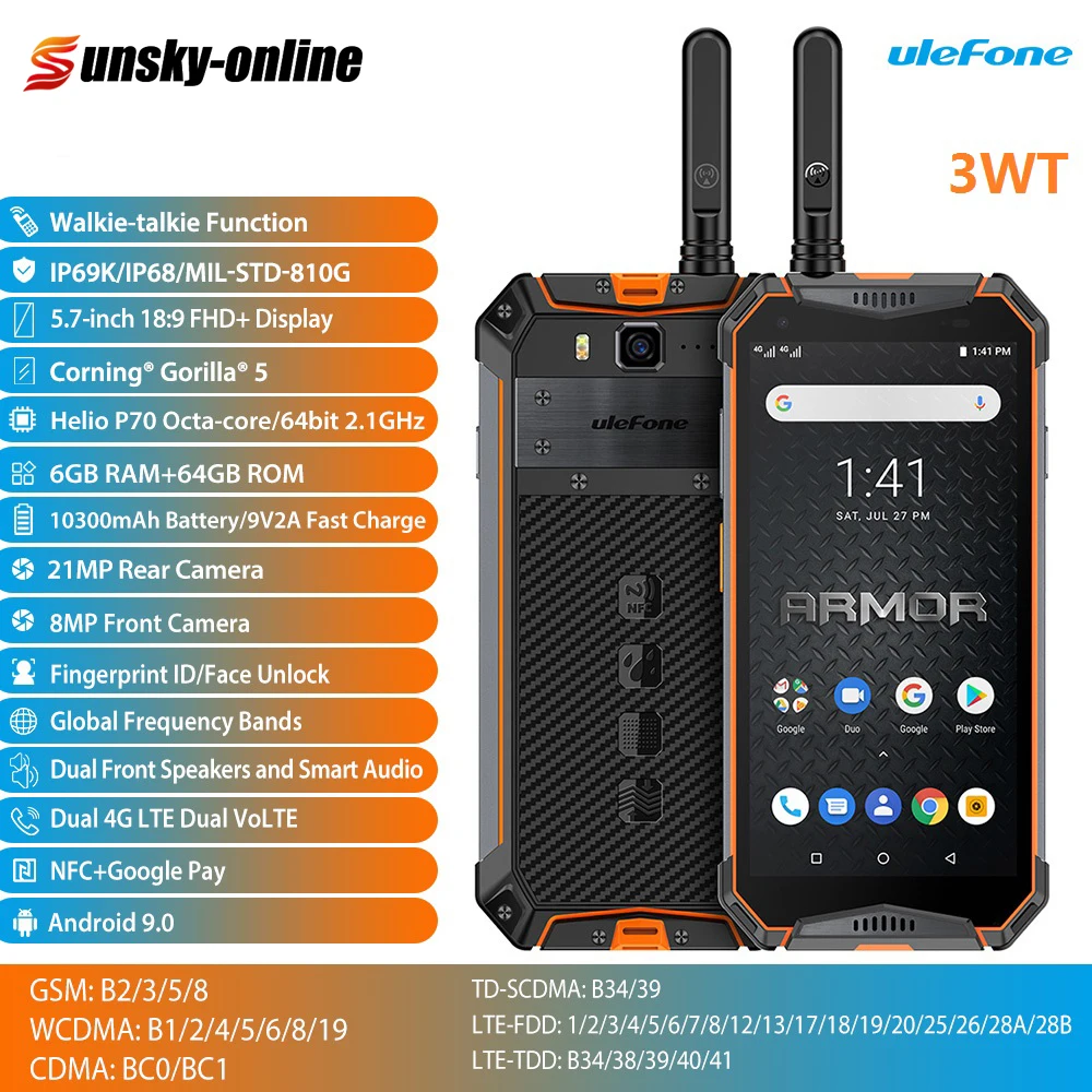 Ulefone Armor 3WT IP68 водонепроницаемый смартфон 5," FHD+ 10300 мАч 6 ГБ+ 64 Гб Восьмиядерный рация глобальная Версия Мобильный телефон NFC