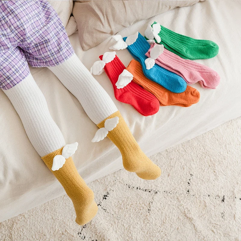 

6 Pair Baby Girls Socks Angel Wing Kids Long Knee Sock Summer Autumn Cotton Socks Solid Candy Color Toddler Socks