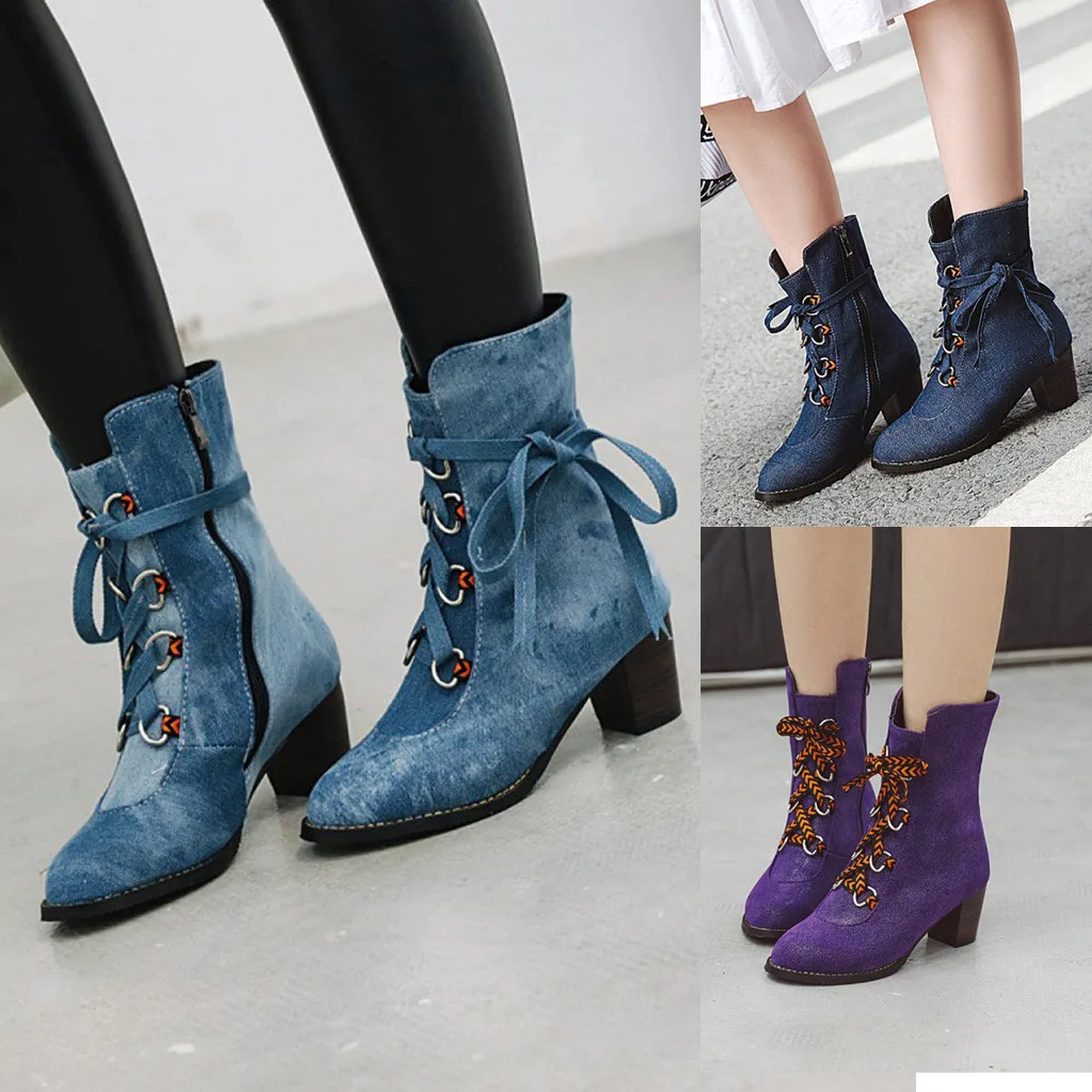 

Winter Boots 2019 Women Boots 3 Color Denim Boots Women Shoes Lace Pointed Mother Shoes Leather Boots Round Toe Ladies Shoes