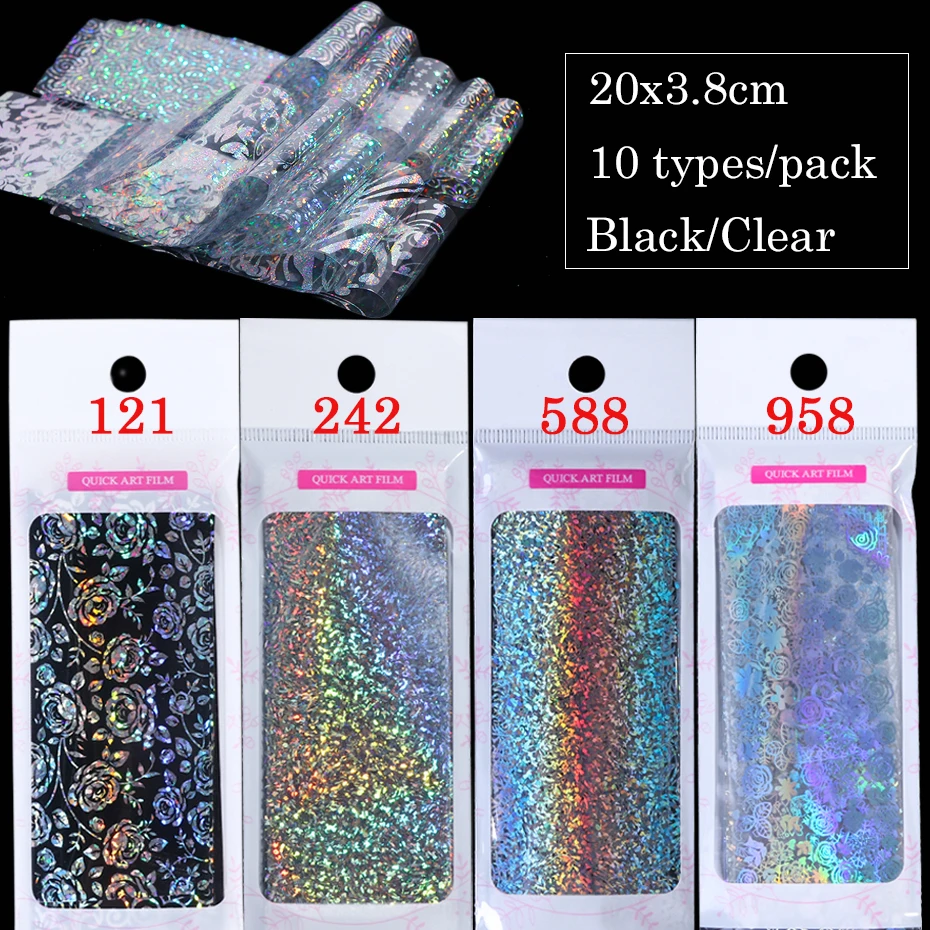 10pc Holographic Foils Nail Transfer Wraps Lace Flower Snowflake Clear Black Adhesive Sticker Set Nail Foil Gradient Tips CH1040
