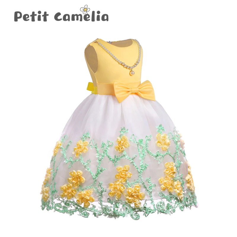 Платье для девочек летнее Сетчатое газовое платье с вышивкой и бантом без
