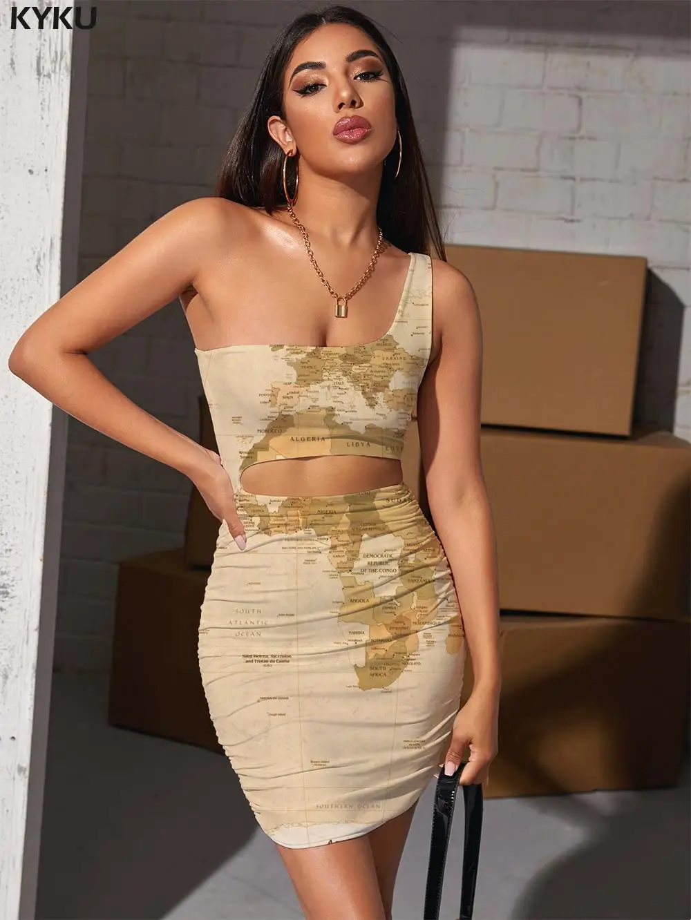

Женское платье с картой мира KYKU, летнее платье с 3D-принтом в Корейском стиле