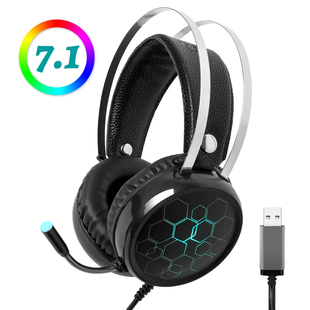 Игровые наушники 7,1, гарнитура, наушники с микрофоном, геймер, объемный звук, USB, проводной, для ПК, компьютера, Xbox PS4, RGB светильник