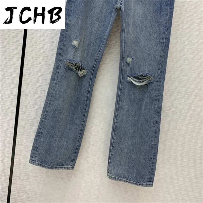 

Spring Early Luxury Women's Streetwear Personality Ripped Mid-high Waist Slim Straight-leg Jeans