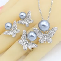 silver color jewelry sets for women gray white blue pearl necklace pendant stud earrings rings free gift box