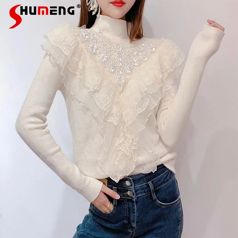 

Новинка 2021, милая трикотажная водолазка в стиле пэчворк с бисером и кружевом, зимний мягкий базовый свитер с флисовой подкладкой для женщин,...