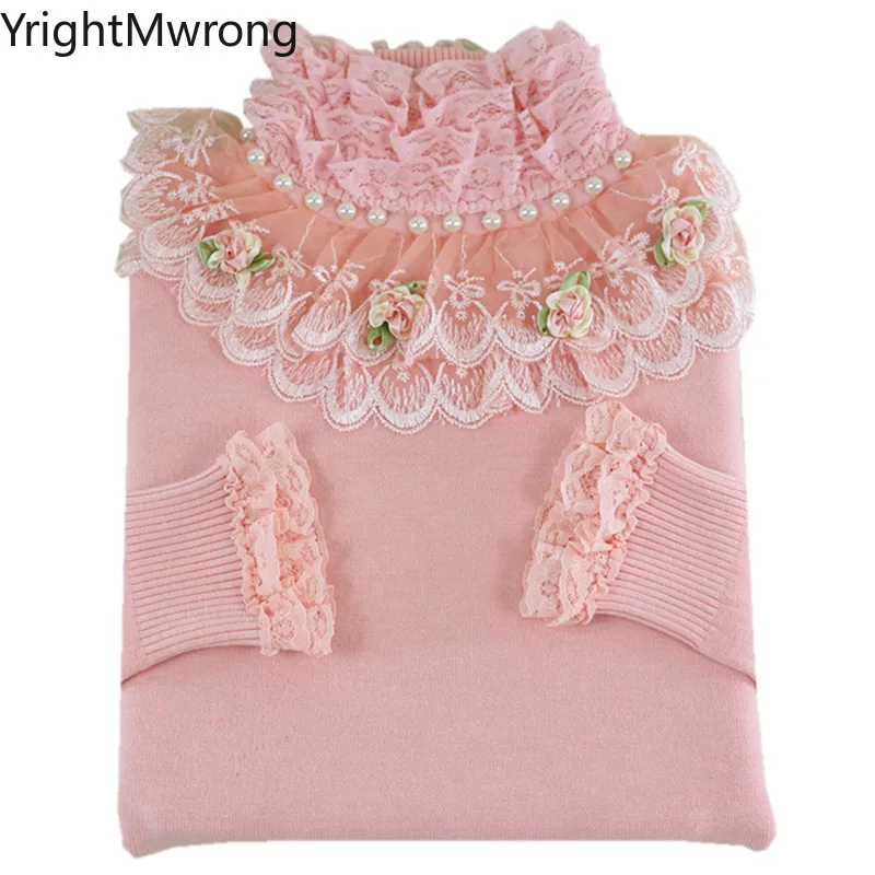 High Neck Bow Warm Fleece Slim Stretch Knit Ruffle Lace Pearls Flower Red Pink Black White Sweater Cute Pullover Winter Fall Top | Женская