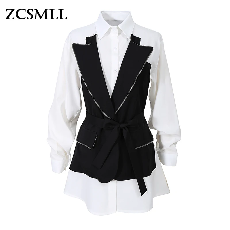 

ZCSMLL Women Fake Two Contrast Color Belt Blouse New Lapel Long Sleeve Loose Fit Shirt Fashion Tide Spring Autumn 2021 J120