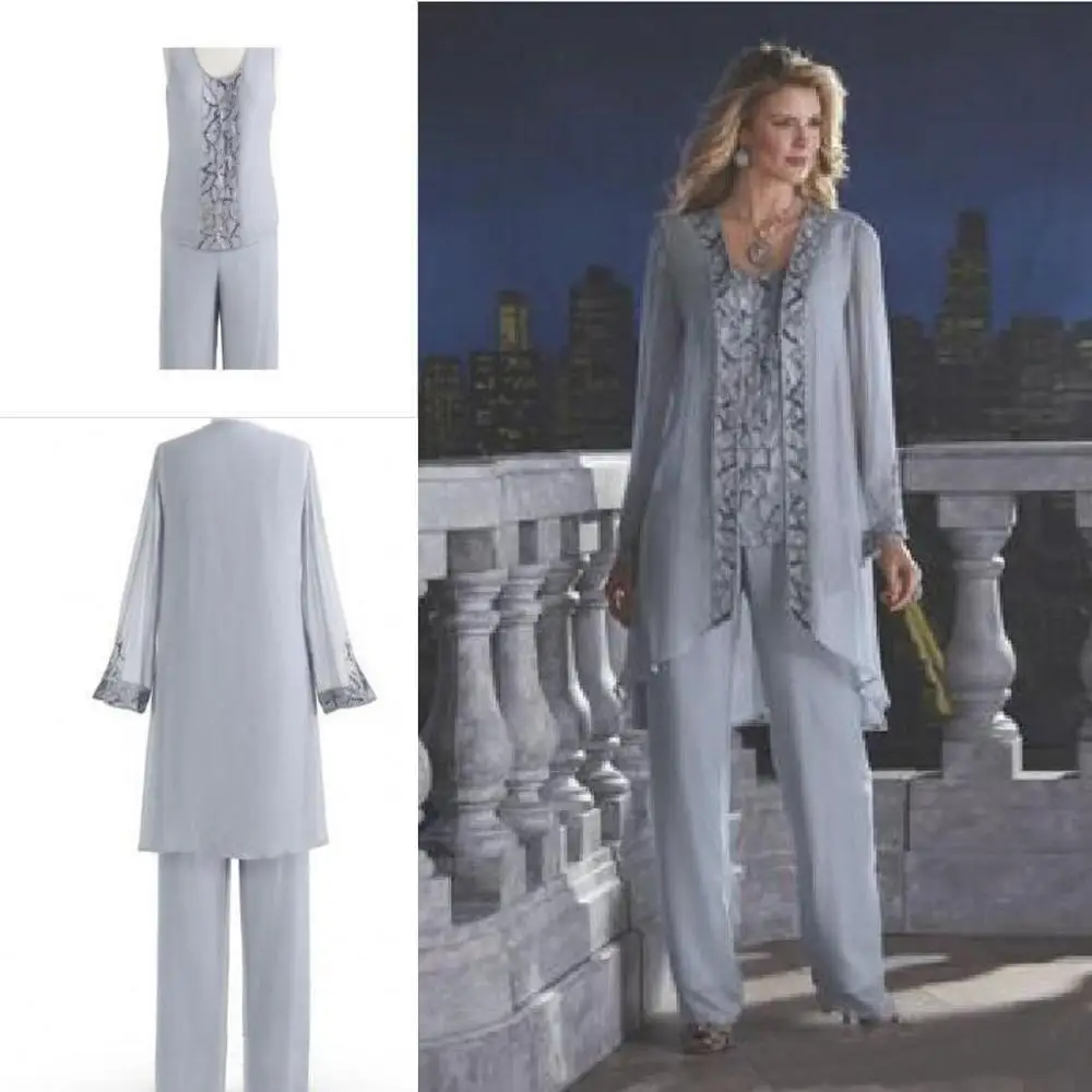 

Plus Size Scoop Mother Of The Bride Pant Suits Formal Trousers With Jacket Prom Party Gown Three Pieces Sequins Long Sleeve New