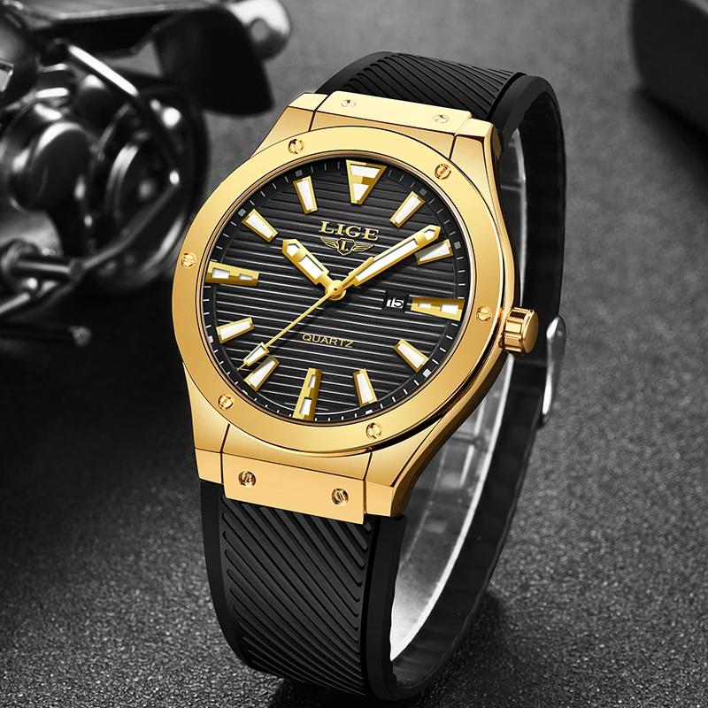 Часы наручные LIGE мужские кварцевые с силиконовым ремешком модные спортивные