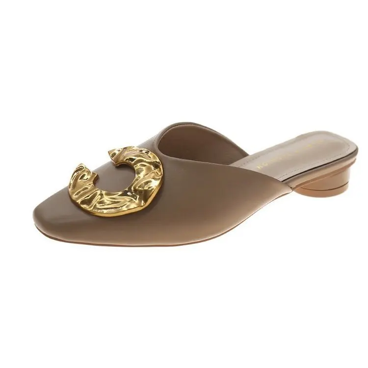 

Slippers Casual Cover Toe Shoes Slipers Women Square heel Slides Low Luxury 2021 Block Fabric Hoof Heels Basic PU Fashion Rubber