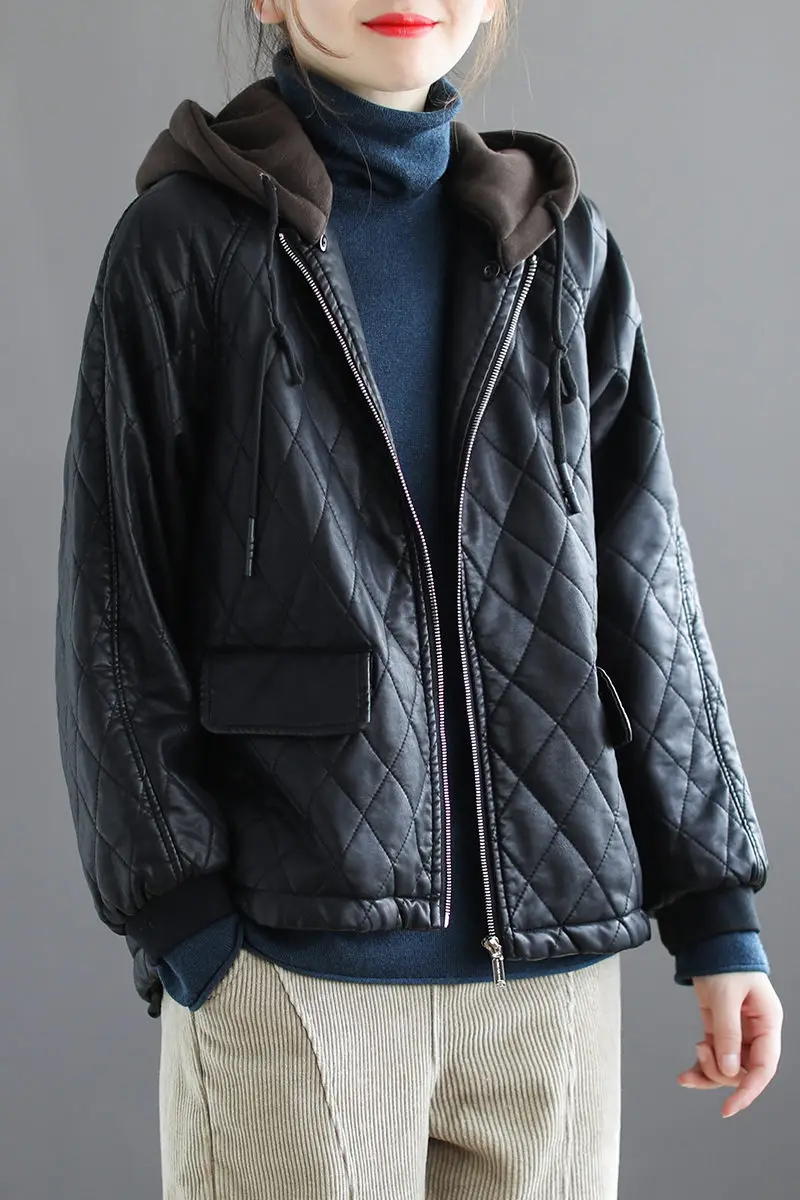

PU Leather Detachable Cap Rhombic Cotton Padded Jacket Ladies 2020 Winter Quilted Loose Warm Coat Parka Mujer Chaqueta y1108