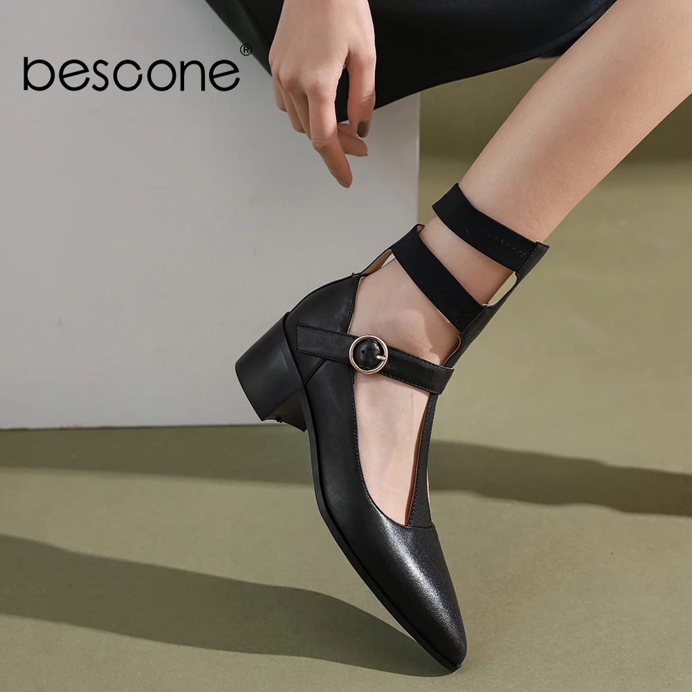 

Женские туфли-лодочки в римском стиле Bescone, туфли-лодочки из натуральной кожи с ремешком-пряжкой и острым носком, на среднем квадратном кабл...