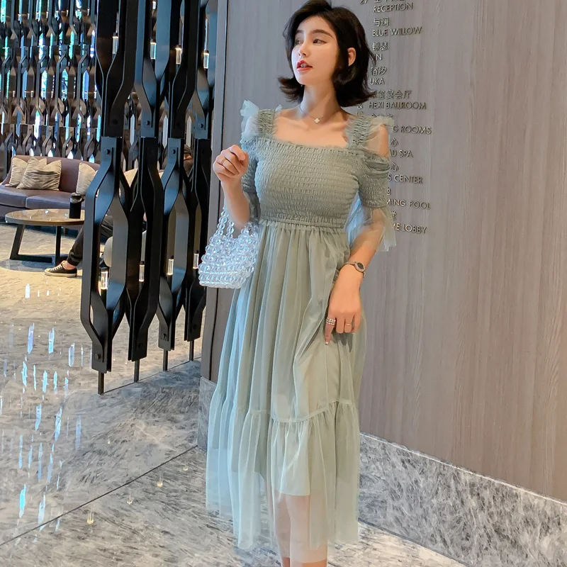 

Square Collar Spaghetti Strap Autumn Dress Vintage Sexy Party Mesh Patchwork Ruffles Dresses 2019 Womens Elegant Bandage Dress