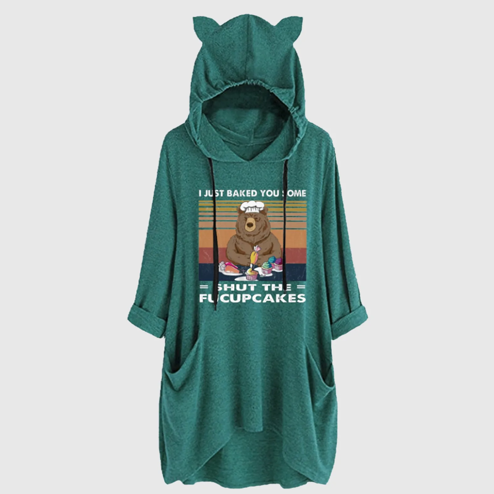 

2021 Autumn Fashion Oversize Women's Ear Hat Mid-length Sweatshirt Female Mid-sleeve Cute Printed Hooded Girl Loose Top #t3g