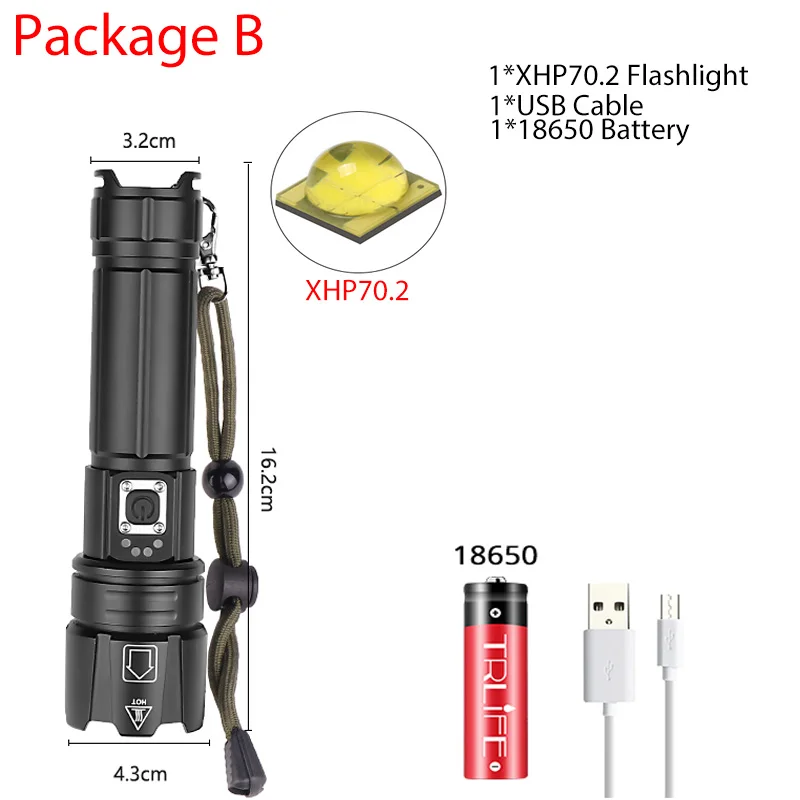 B-XHP70.2 XHP70.2 светодиодный фонарик ультра яркий XHP50 водонепроницаемый фонарь USB Перезаряжаемый фонарь с зумом для кемпинга рыбалки с 18650 - Испускаемый цвет: B-XHP70.2
