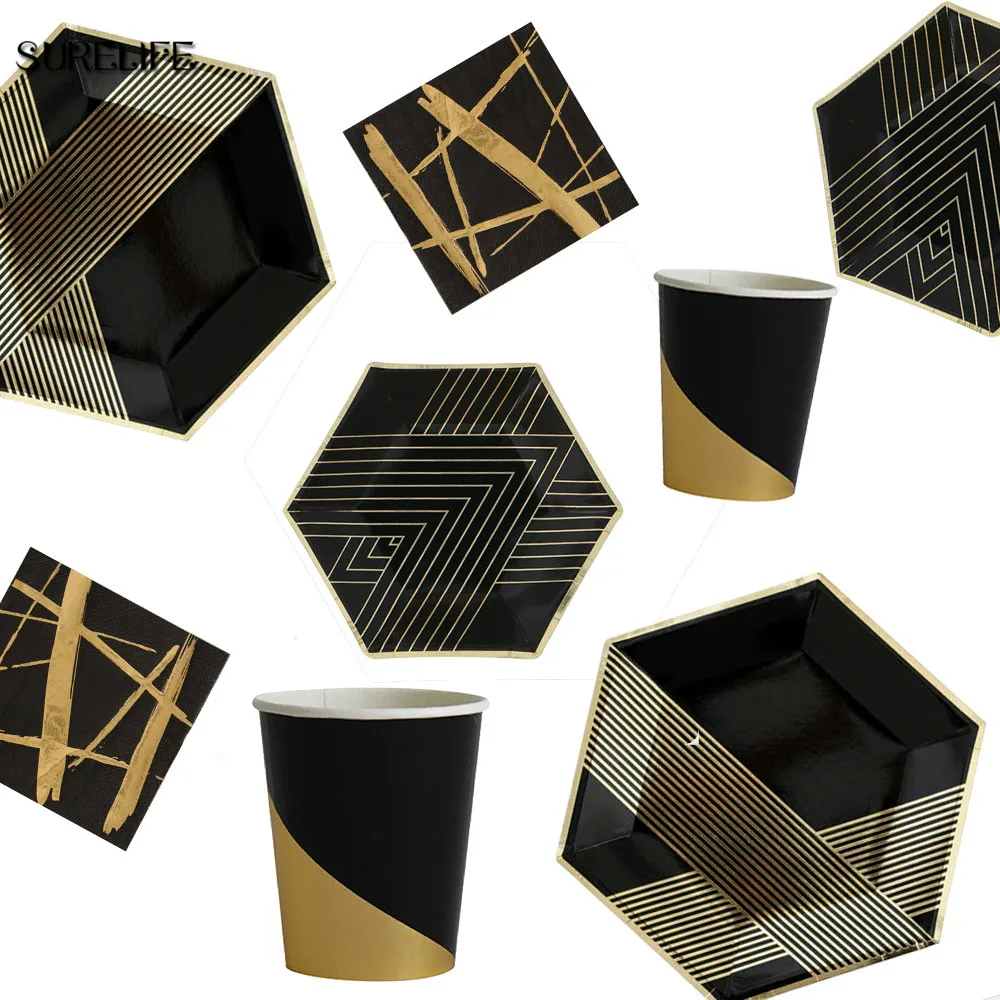 

Gold Blocking Black Texture Disposable Tableware Set Paper Plates Cups Napkins Party Wedding Carnival Tableware Supplies