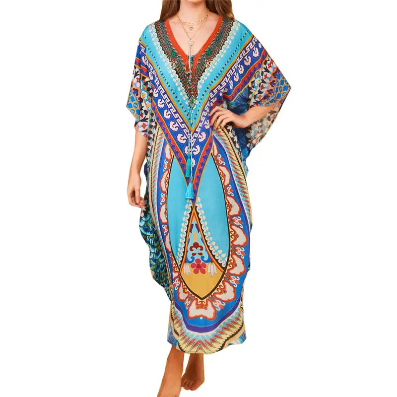 Женское Хлопковое платье туника синее пляжное кафтан с V образным вырезом и