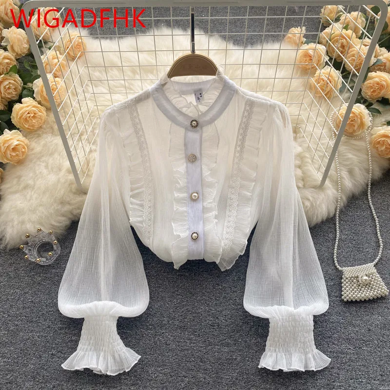 

Женская однобортная рубашка с ушками WIGADFHK, Корейская версия, модная свободная Элегантная блузка с рукавами-фонариками