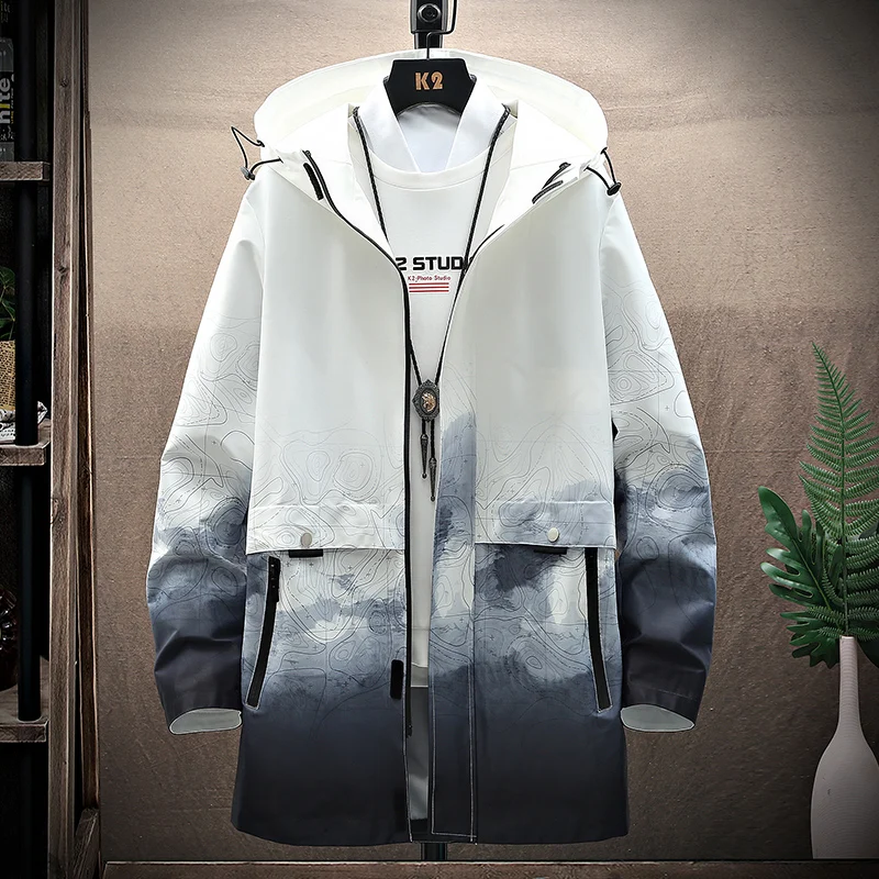 

Spring and Autumn Jacket Men Casual Hip-Hop Jacket Mid-Length Men Jacket Harajuku Patchwork Gradient Printing Windbreaker Men