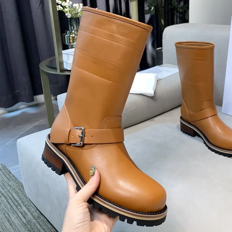 

Buckle Decorated Woman Boots Solid Ankle Boots Slip On Leather Shoes Women Square Heels Shoes Fashion Modern Lady Boots Hot Sale