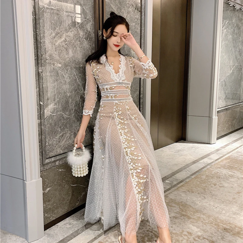 Женское платье макси с высокой талией элегантное праздничное длинным рукавом и